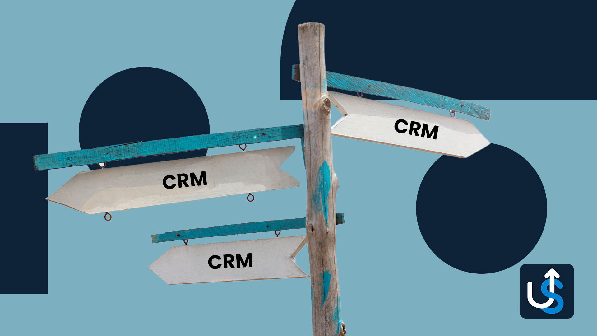 Wooden signpost with three arrows labeled "CRM" pointing in different directions against a blue background with abstract shapes.