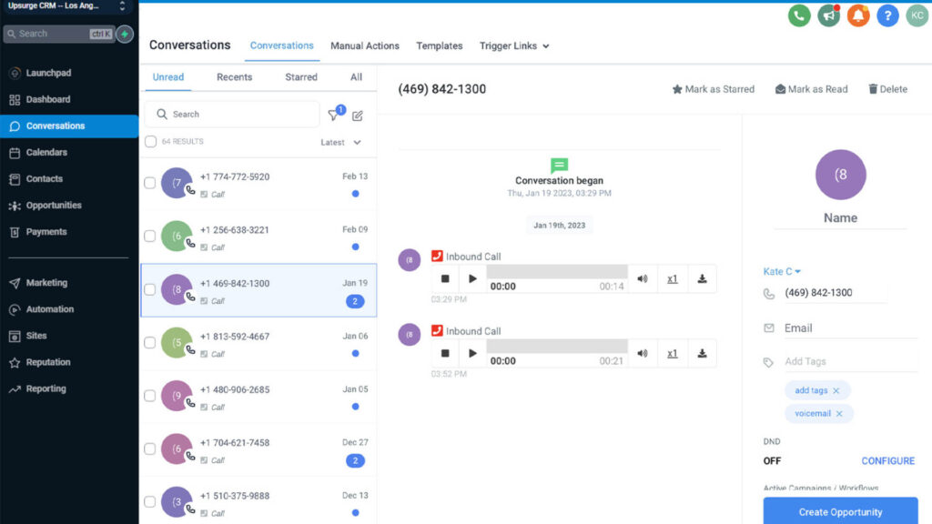 Screenshot of a communication platform with a conversation list on the left and call details on the right, including a January 14th call from the number (469) 842-1300, labeled "Inbound Call.