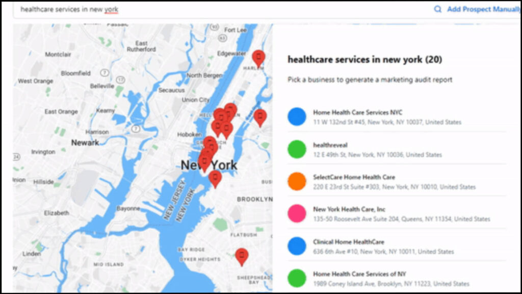 Map showing locations of healthcare services in New York with a list of 20 options on the right, marked by colored icons.