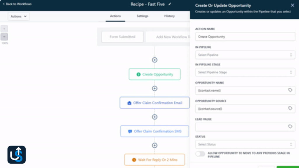 Workflow automation screen showing steps for creating and updating opportunities, including actions for emails and SMS, with options for pipeline, opportunity name, and lead value.