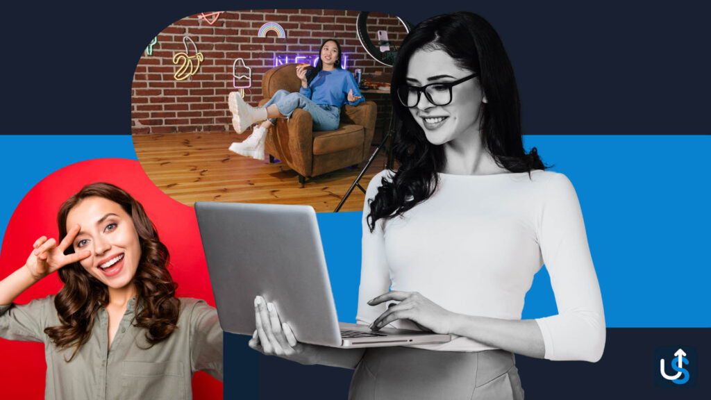 A woman with glasses holds a laptop, showcasing CRM for Influencers, while an inset features another woman posing and sitting in a colorful room.