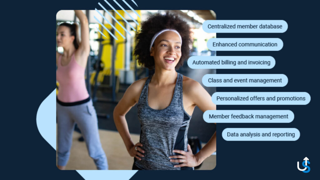 Woman in a gym smiles with hands on hips. Another person exercises in the background. Text bubbles list benefits of a centralized member database, such as improved communication and data analysis.