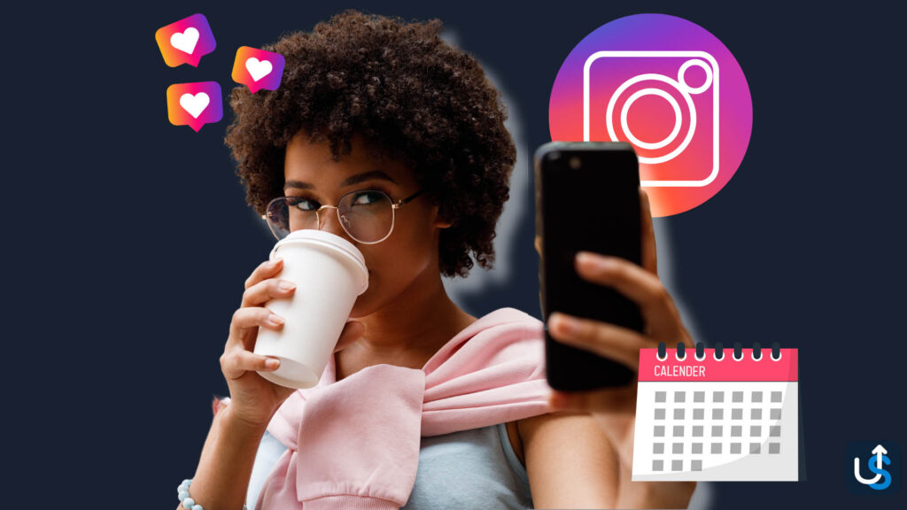 A person takes a selfie while sipping coffee, seamlessly integrating the Instagram logo, likes, and a calendar icon into the image—an ideal snapshot for influencers managing their presence with CRM tools.