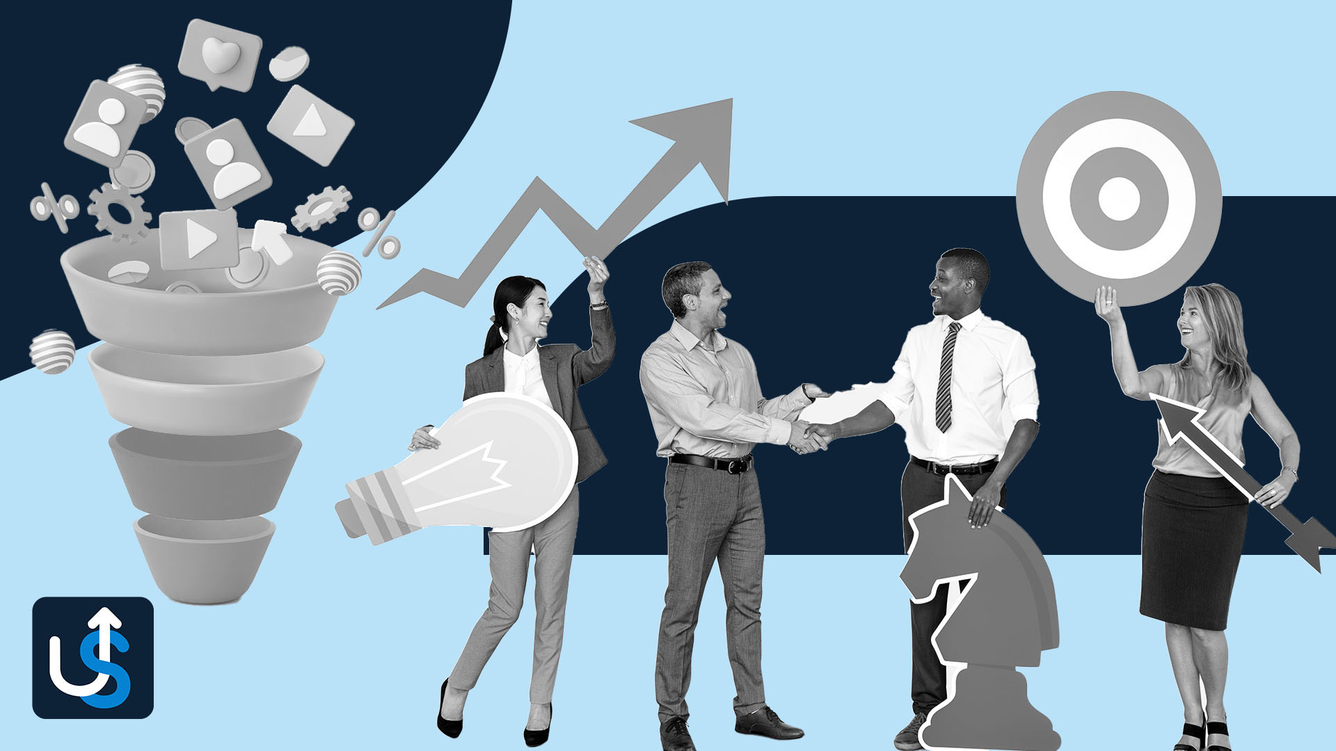Four business professionals hold large icons—lightbulb, arrow, chess knight, and target—against a stylized background featuring a sales funnel and social media symbols.