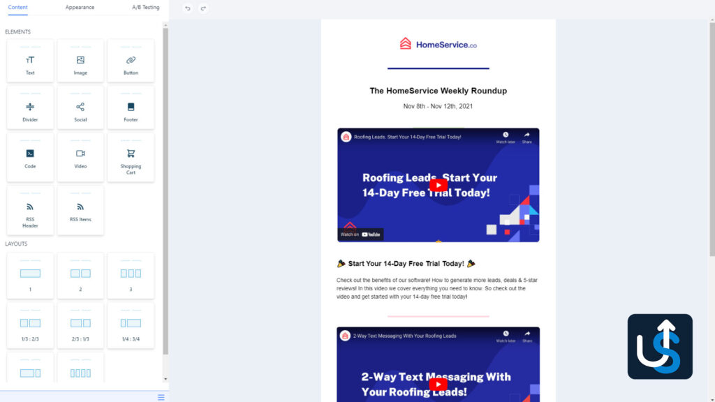 Screenshot of an email newsletter editor displaying a HomeService.co weekly roundup draft with embedded videos and content editing tools on the left sidebar.