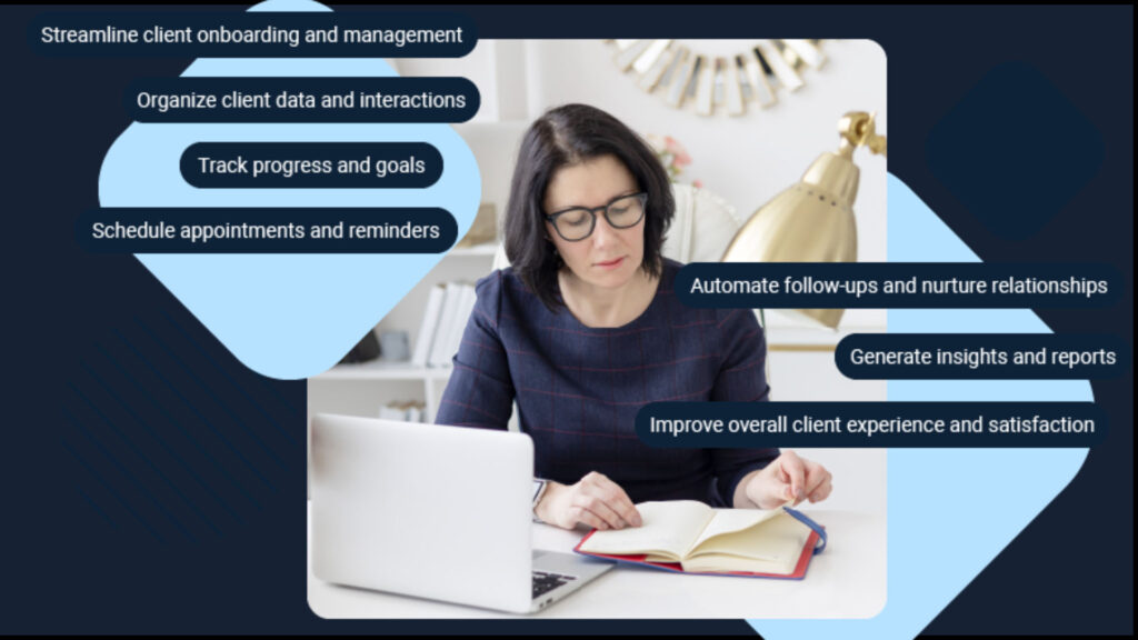 A woman sits at a desk with a laptop and open notebook, surrounded by text bubbles highlighting client management tasks and benefits.