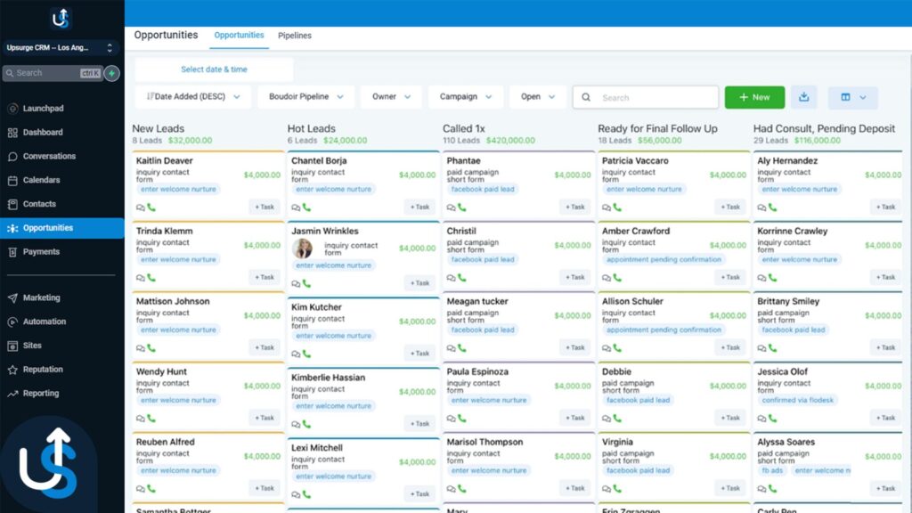 Dashboard of Upsurge CRM displaying various contact management tools and features for small businesses.
